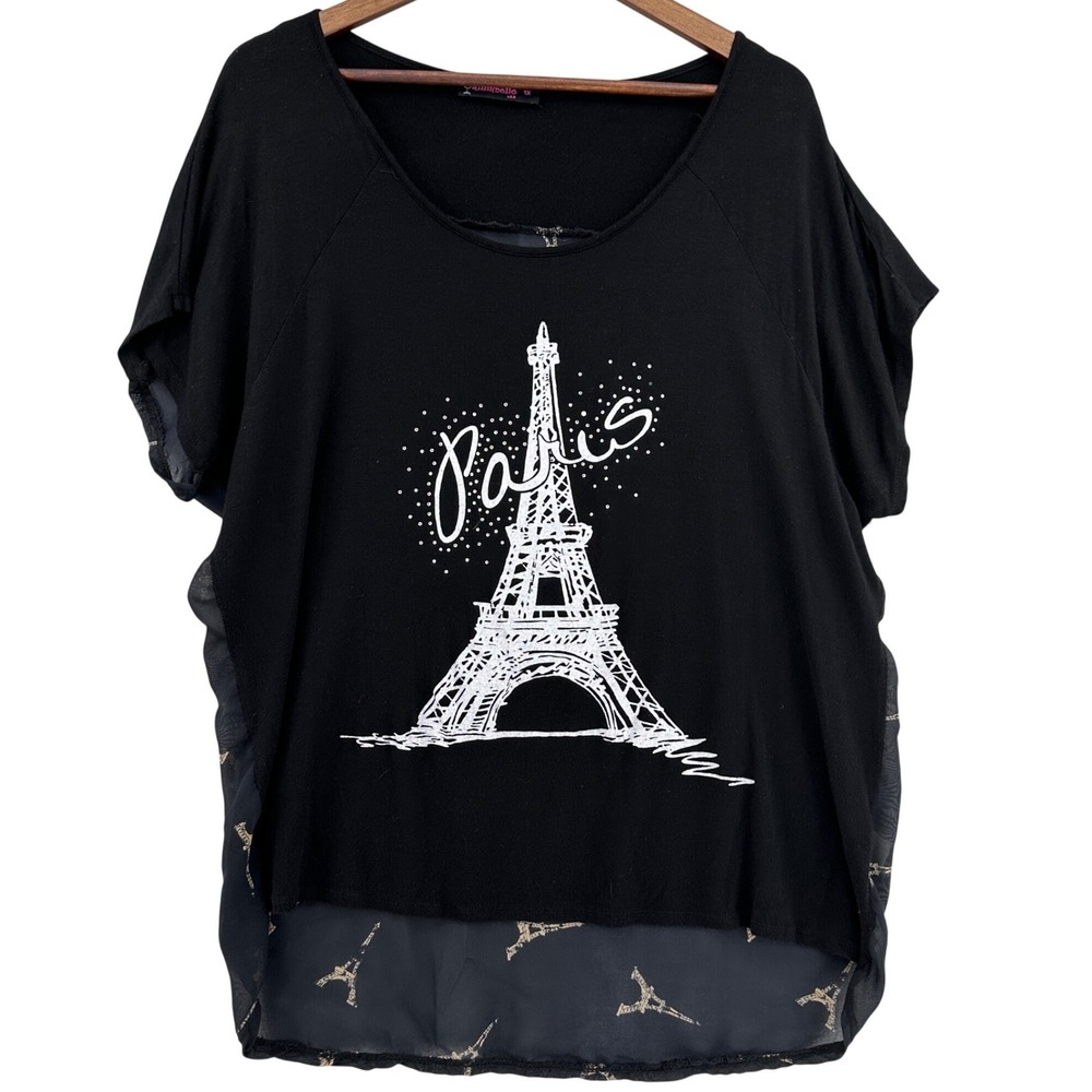 Annabelle USA Black Eiffel Tower Paris Rhinestone Mixed Media Top SZ 1X Sheer
